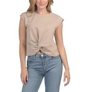 MODERN WORKS Cobblestone Scuba Ponte Knit Front Knot Cap Sleeve Tee